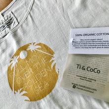 Load image into Gallery viewer, white and gold, white tee, golden print, gold print, gold, full moon, palm tree, palm tree tee, organic cotton tee, organic cotton, summer top, women&#39;s 