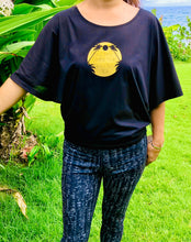 Load image into Gallery viewer, black, black and gold, black tee, golden print, gold print, gold, full moon, palm tree, palm tree tee, organic cotton tee, organic cotton, summer top, women&#39;s 